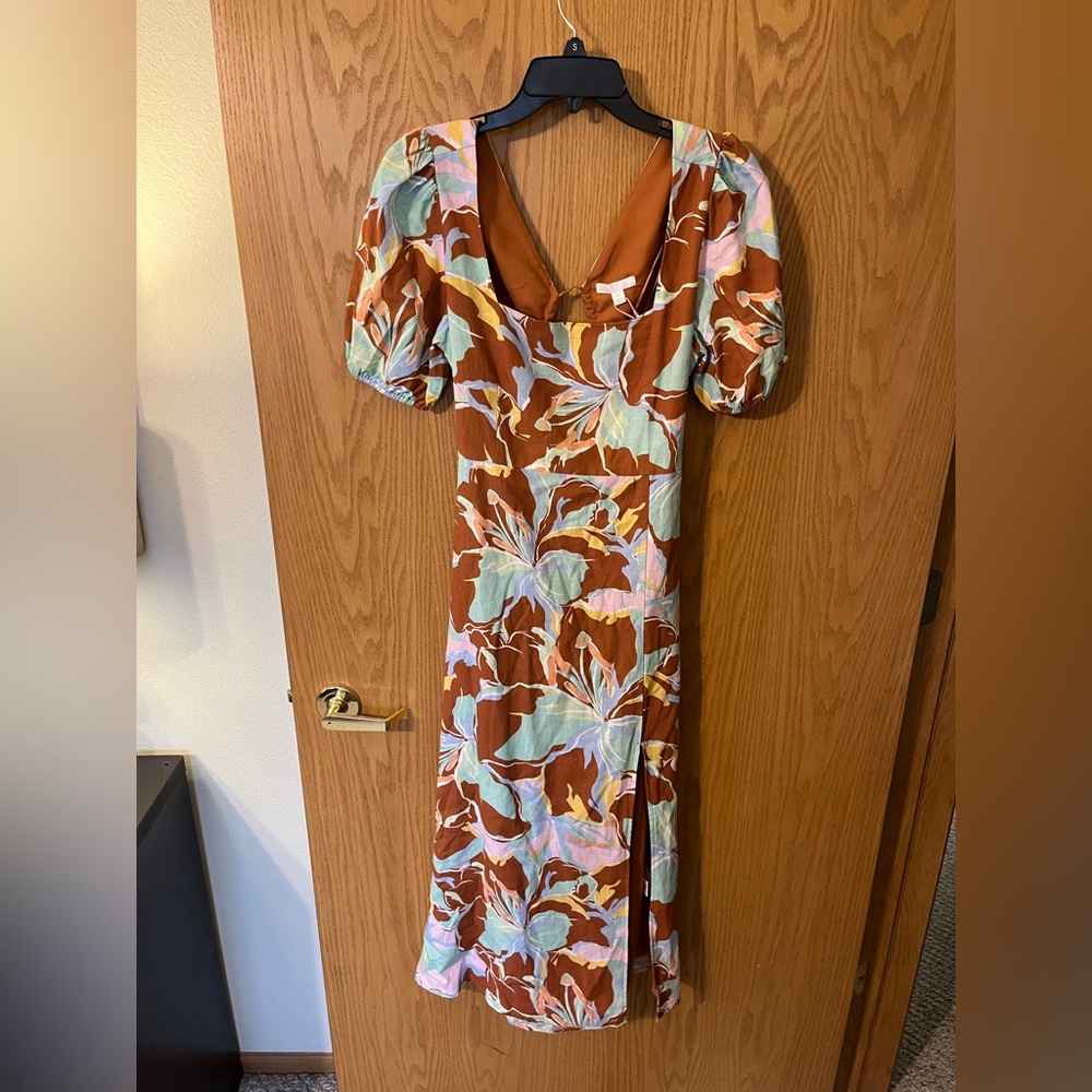 Gianni Bini Brown Floral Puff-Sleeve Midi Dress